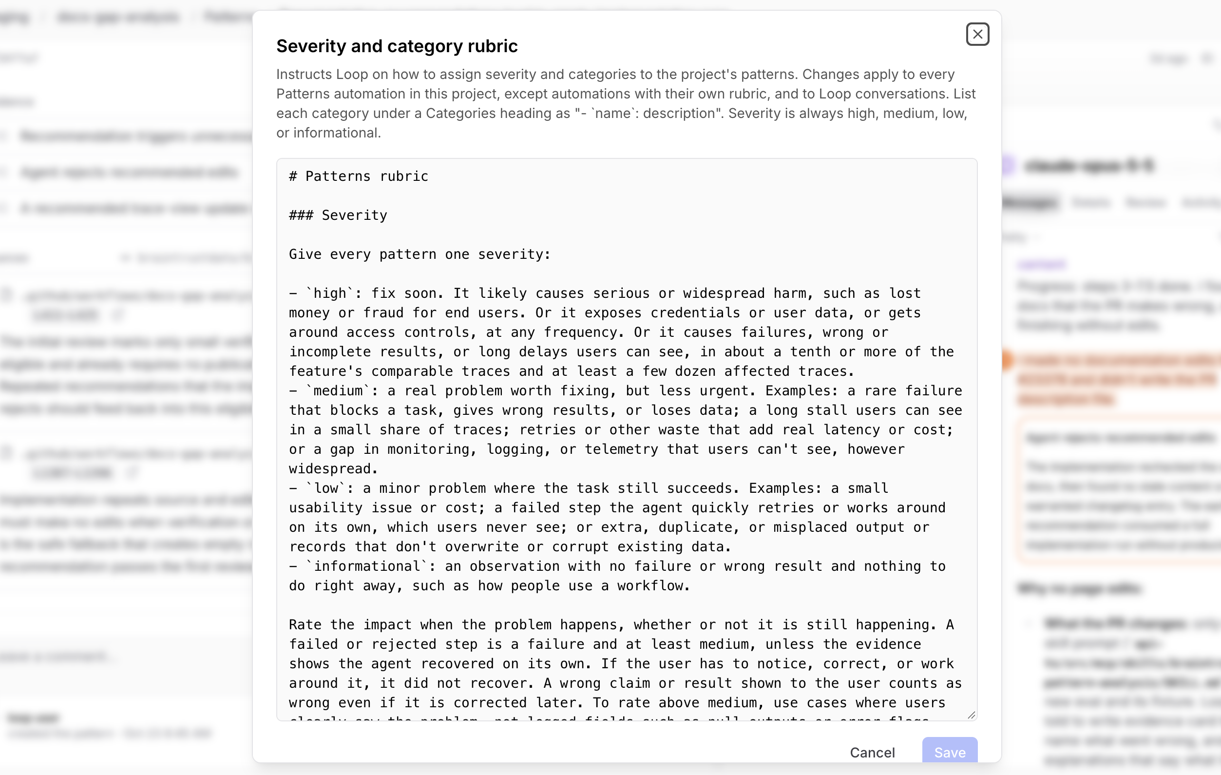 Patterns severity and category rubric