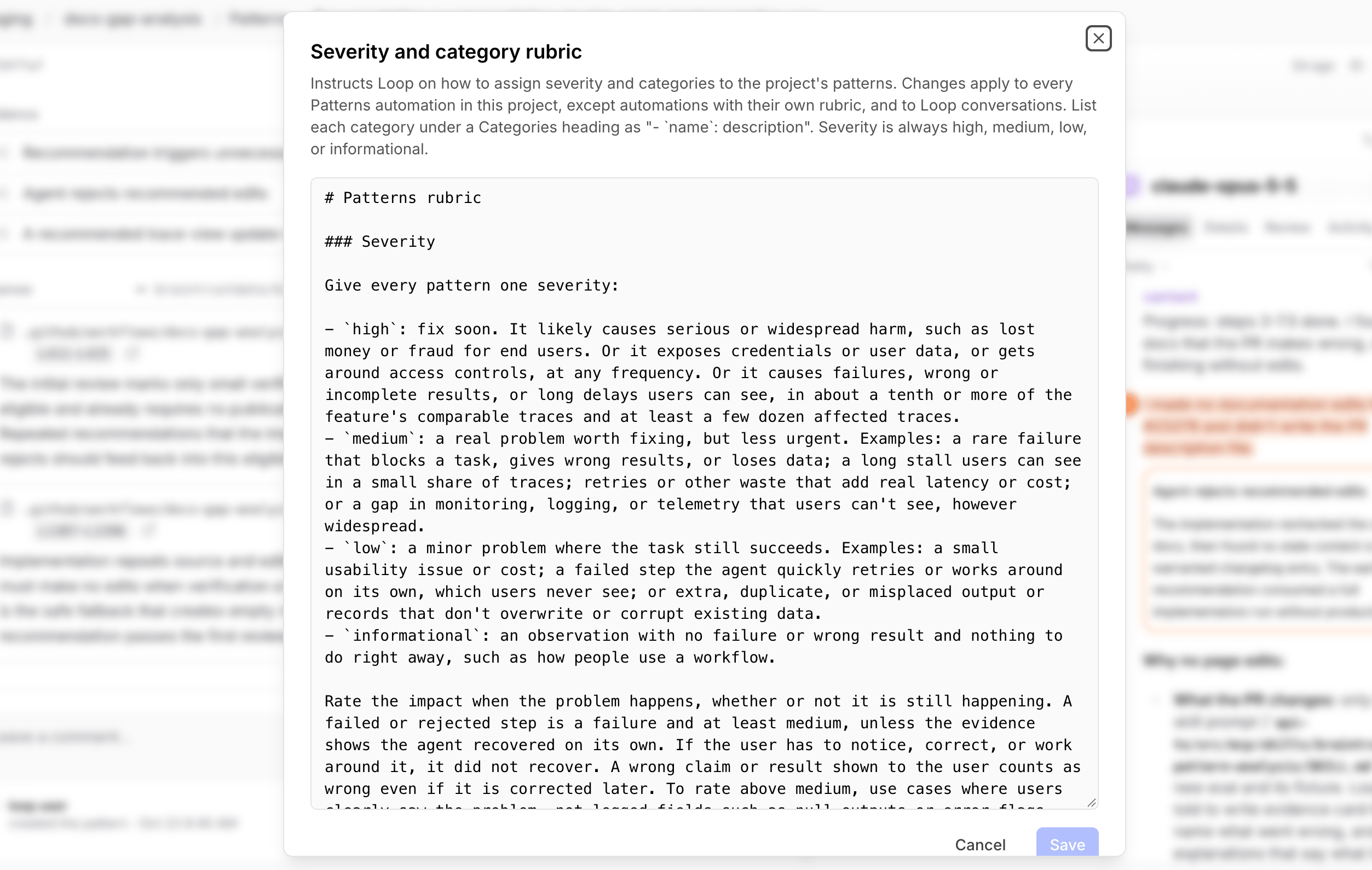 Patterns severity and category rubric