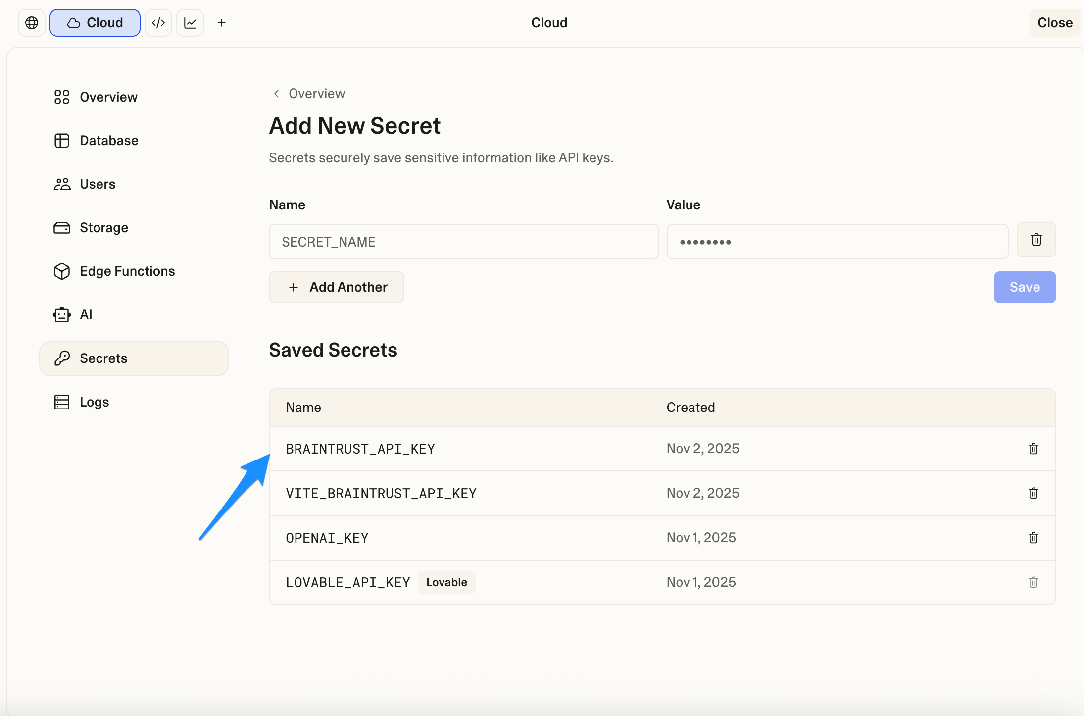 Secrets UI screenshot 2