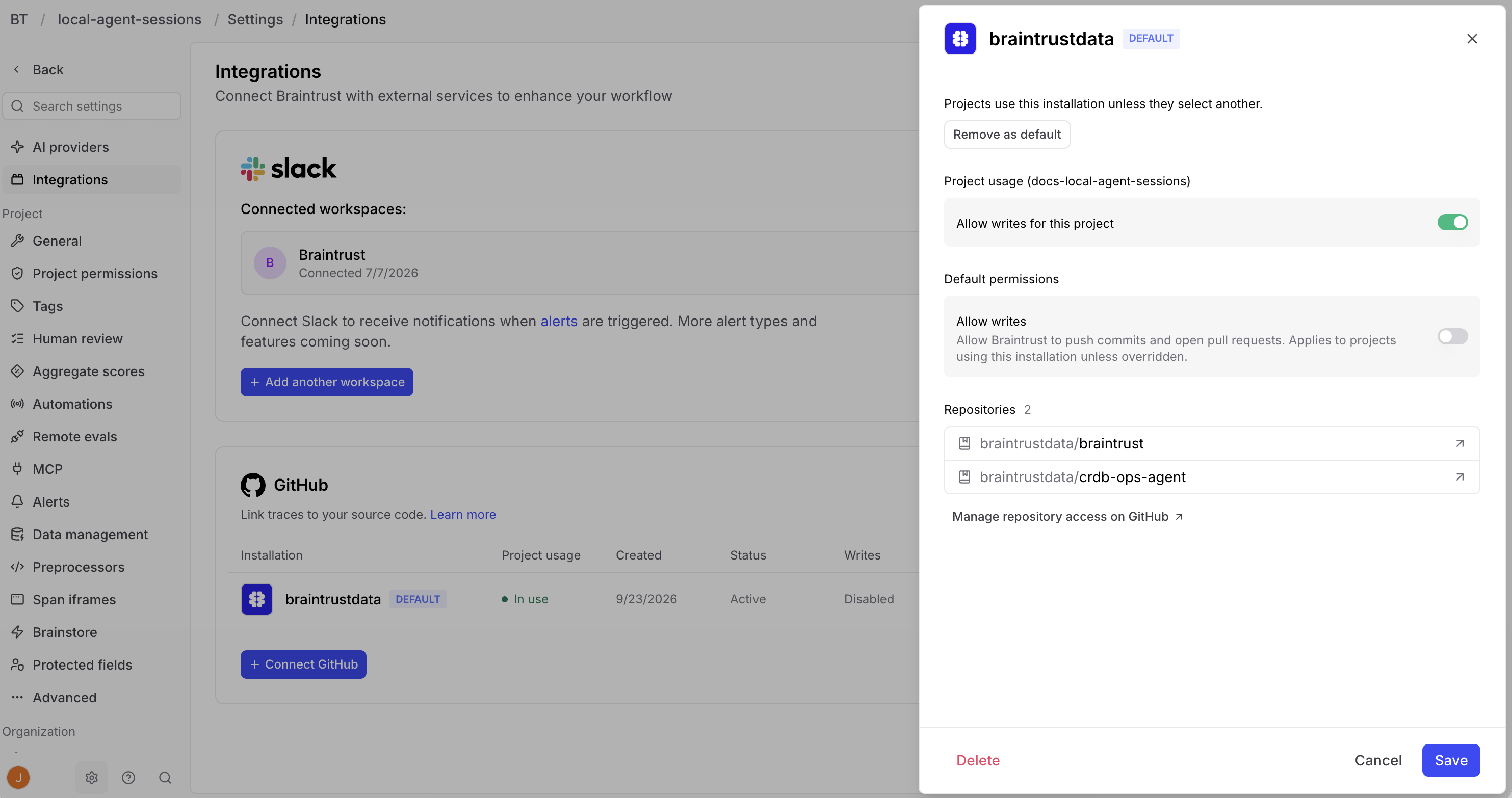 GitHub connection settings showing write toggles under Project usage and Default permissions