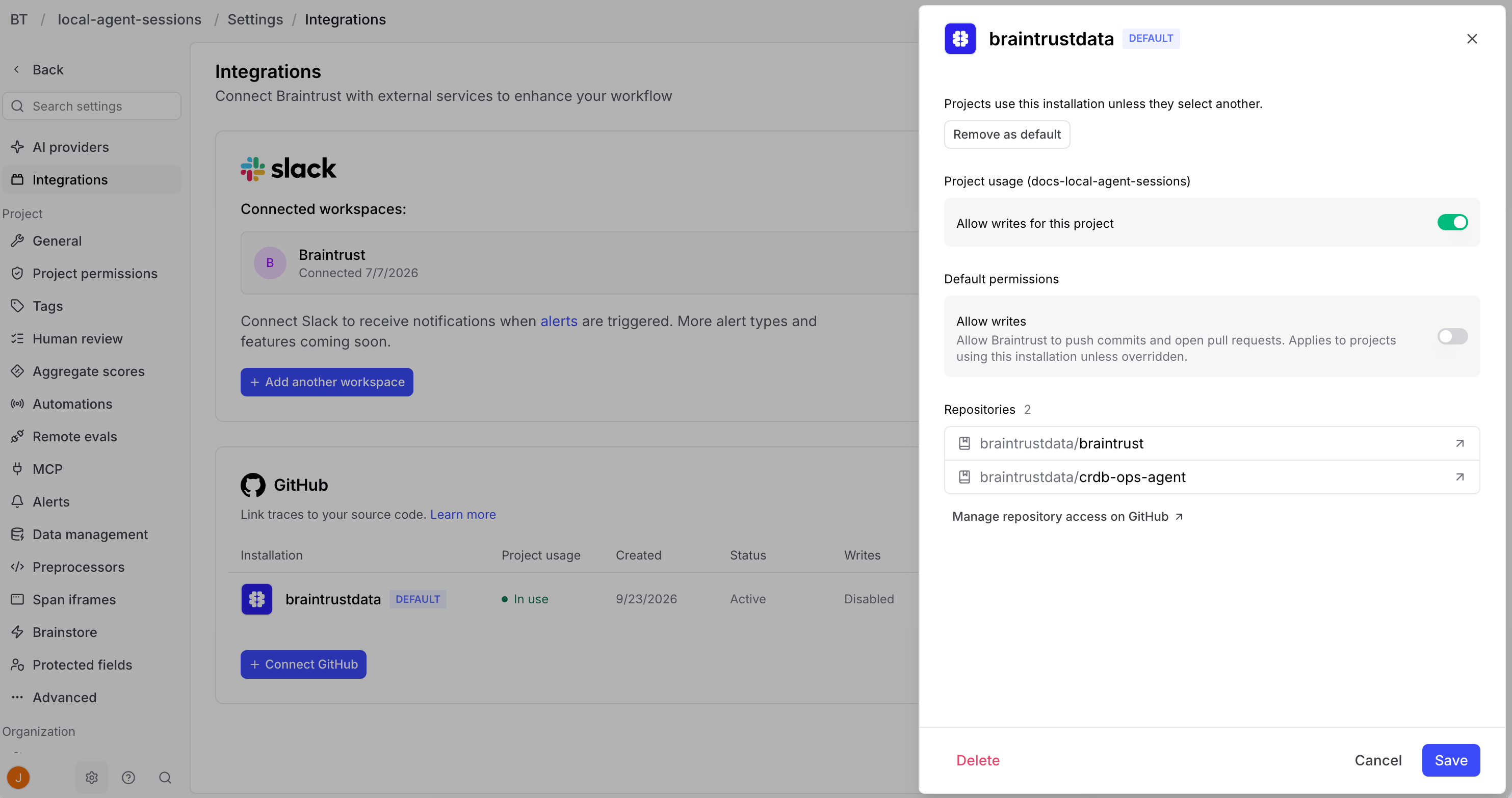 GitHub connection settings showing write toggles under Project usage and Default permissions