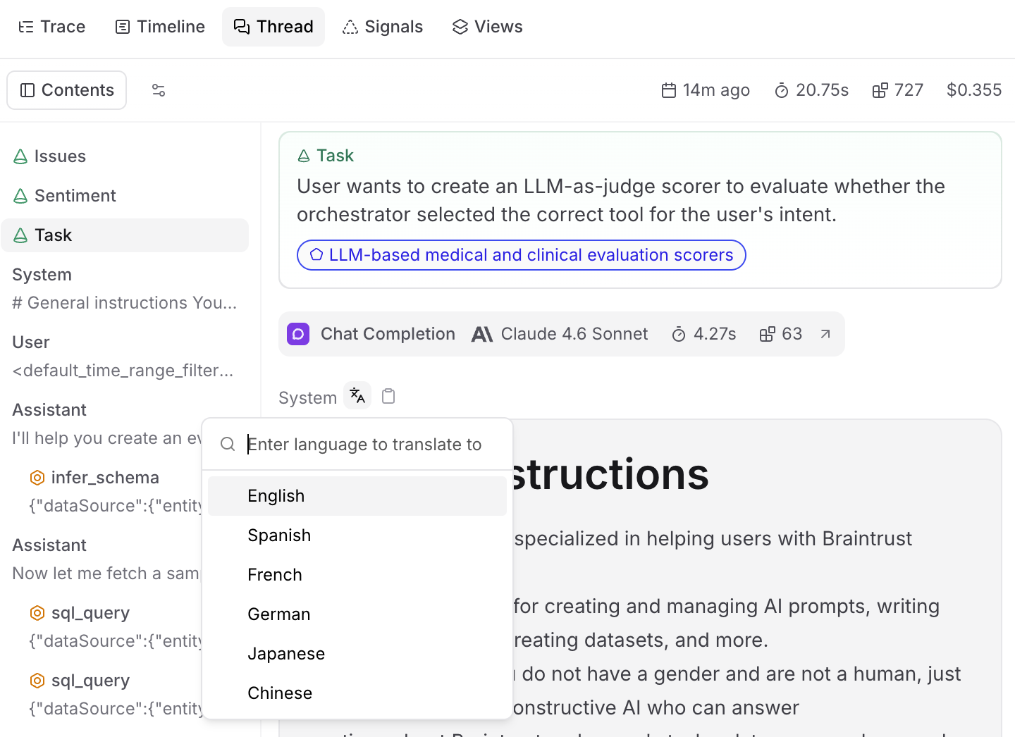 Translate message content in thread view