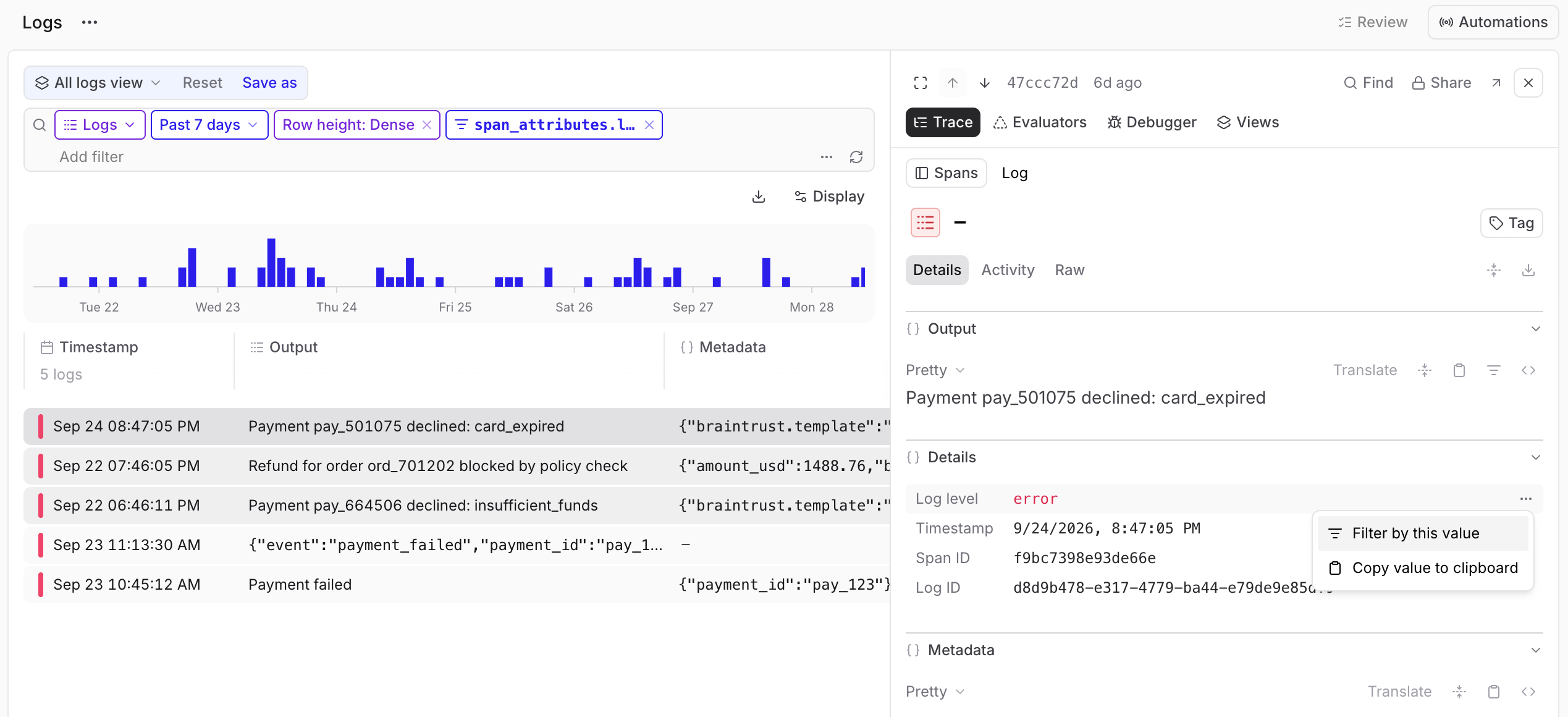 Application logs filter by value