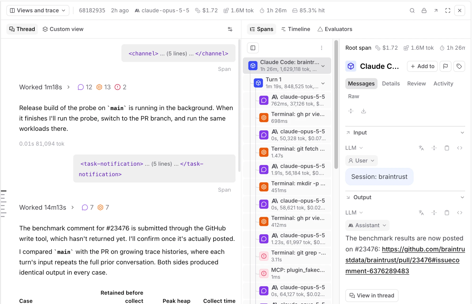 The new thread view in the Views pane, with each turn's work collapsed into a Worked block above the agent's response