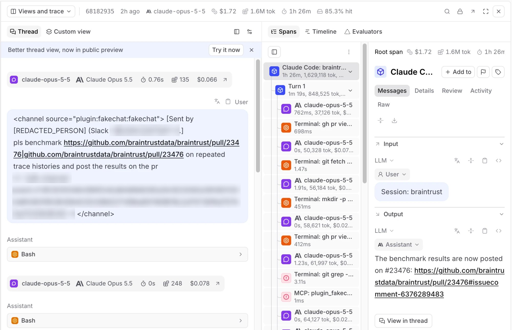 The Views and trace layout, with the original thread view and the new thread view banner in the Views pane beside the trace pane