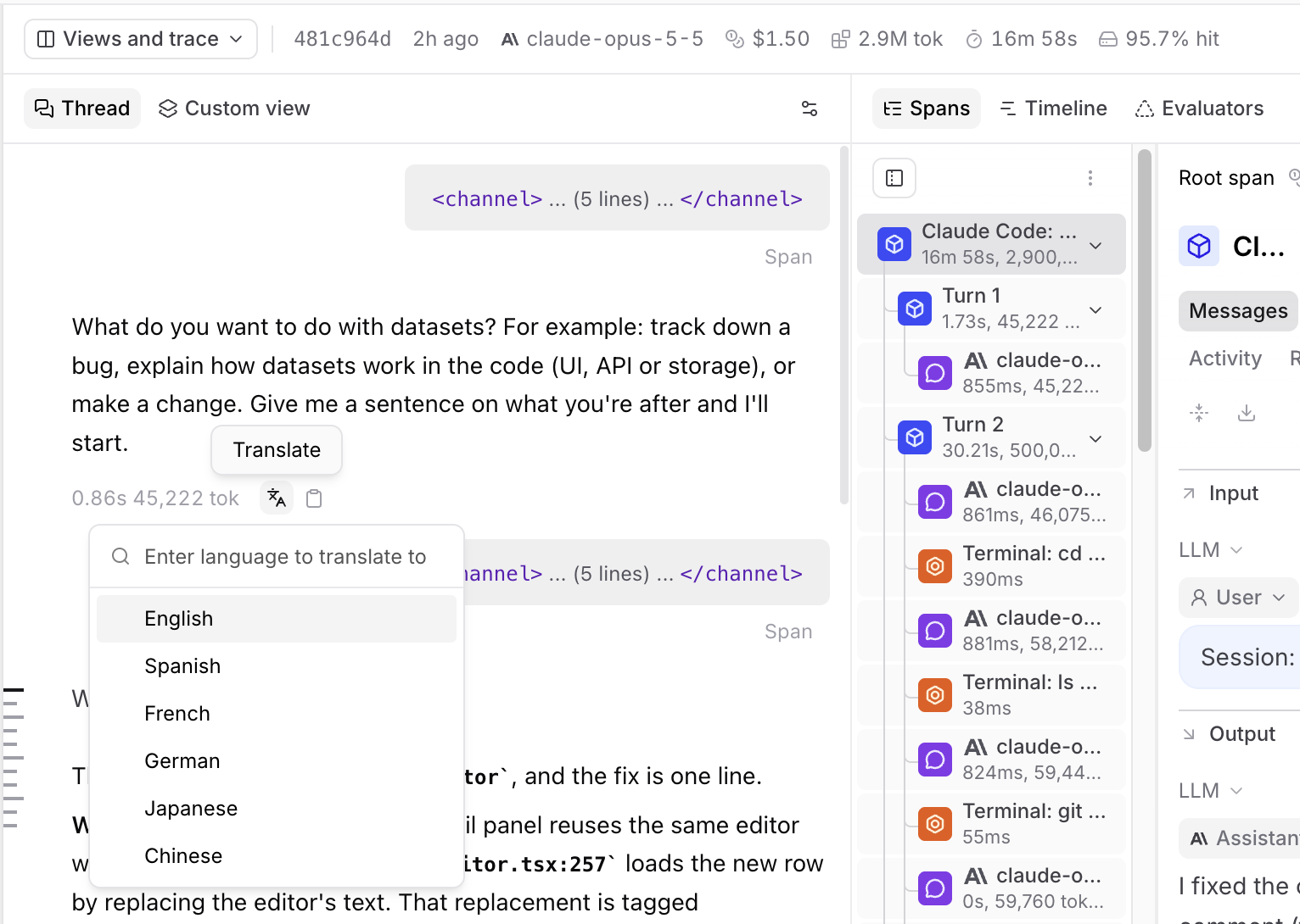 The Translate menu on an LLM response in the thread, listing English, Spanish, French, German, Japanese, and Chinese