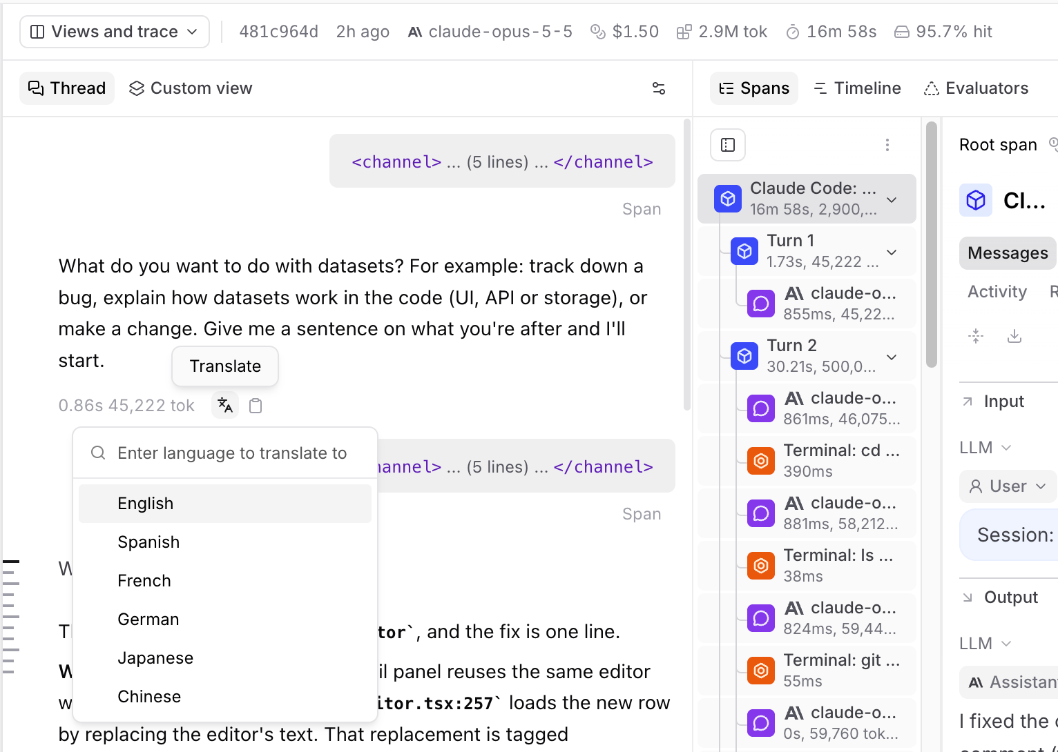 The Translate menu on an LLM response in the thread, listing English, Spanish, French, German, Japanese, and Chinese