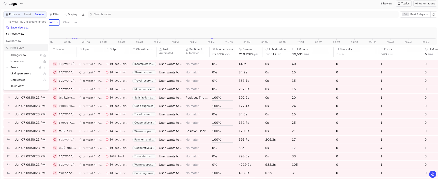The Braintrust Logs view, with each agent run as a filterable row showing model, benchmark, tokens, and duration