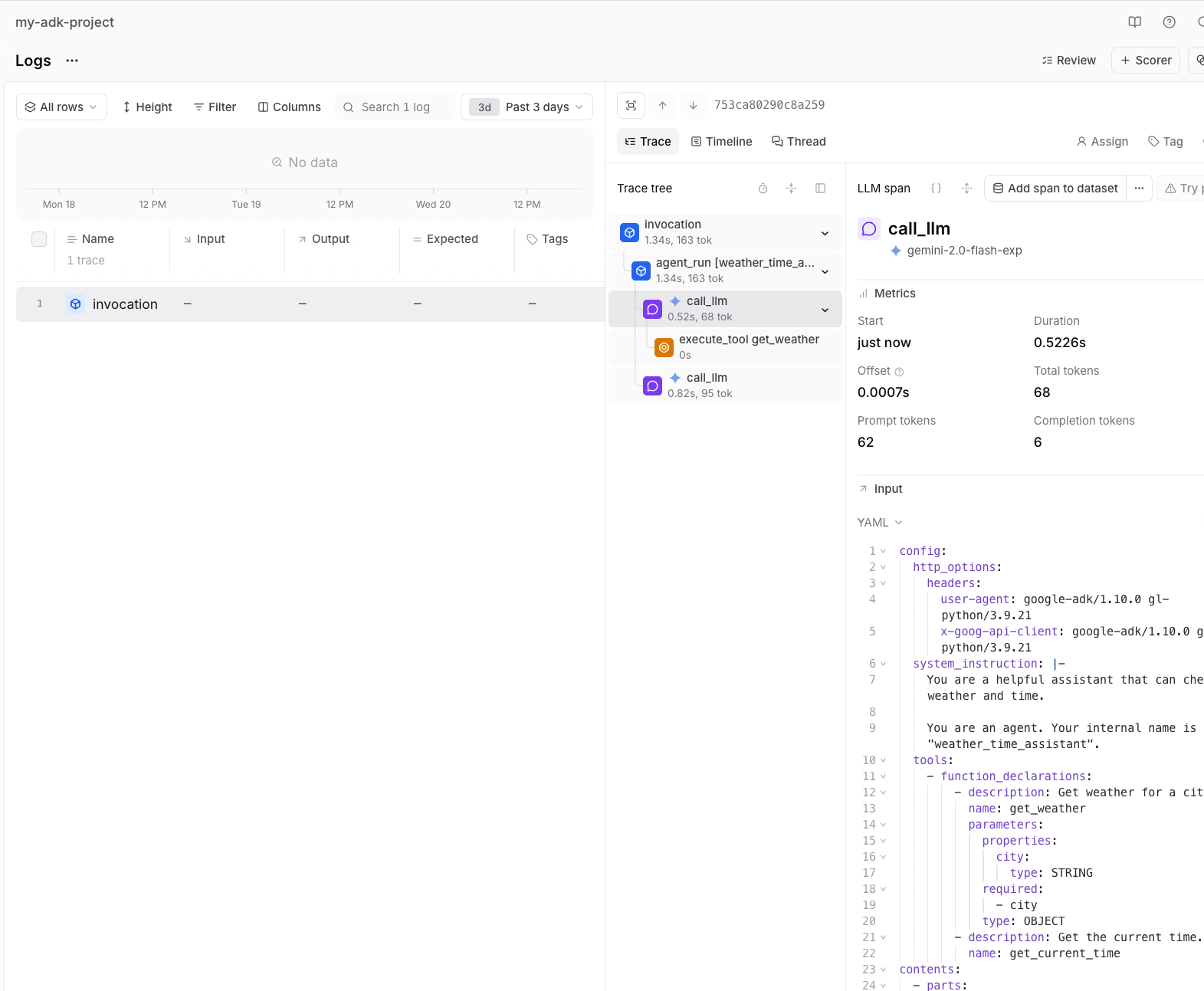 Example of automatic Google ADK tracing and logs sent to Braintrust