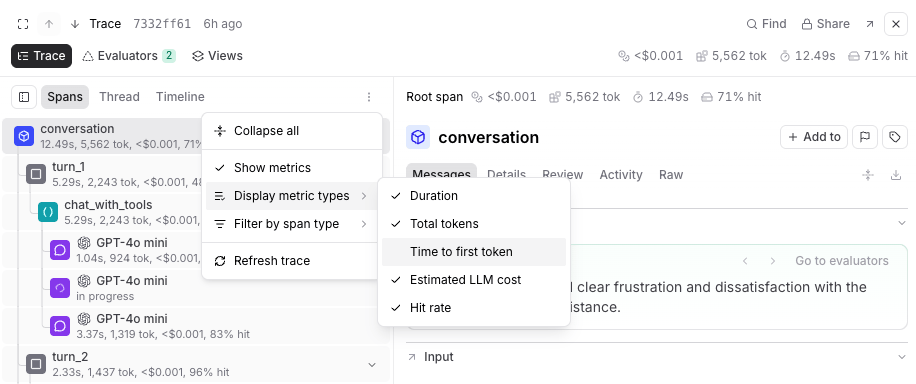 Display metrics in the trace layout