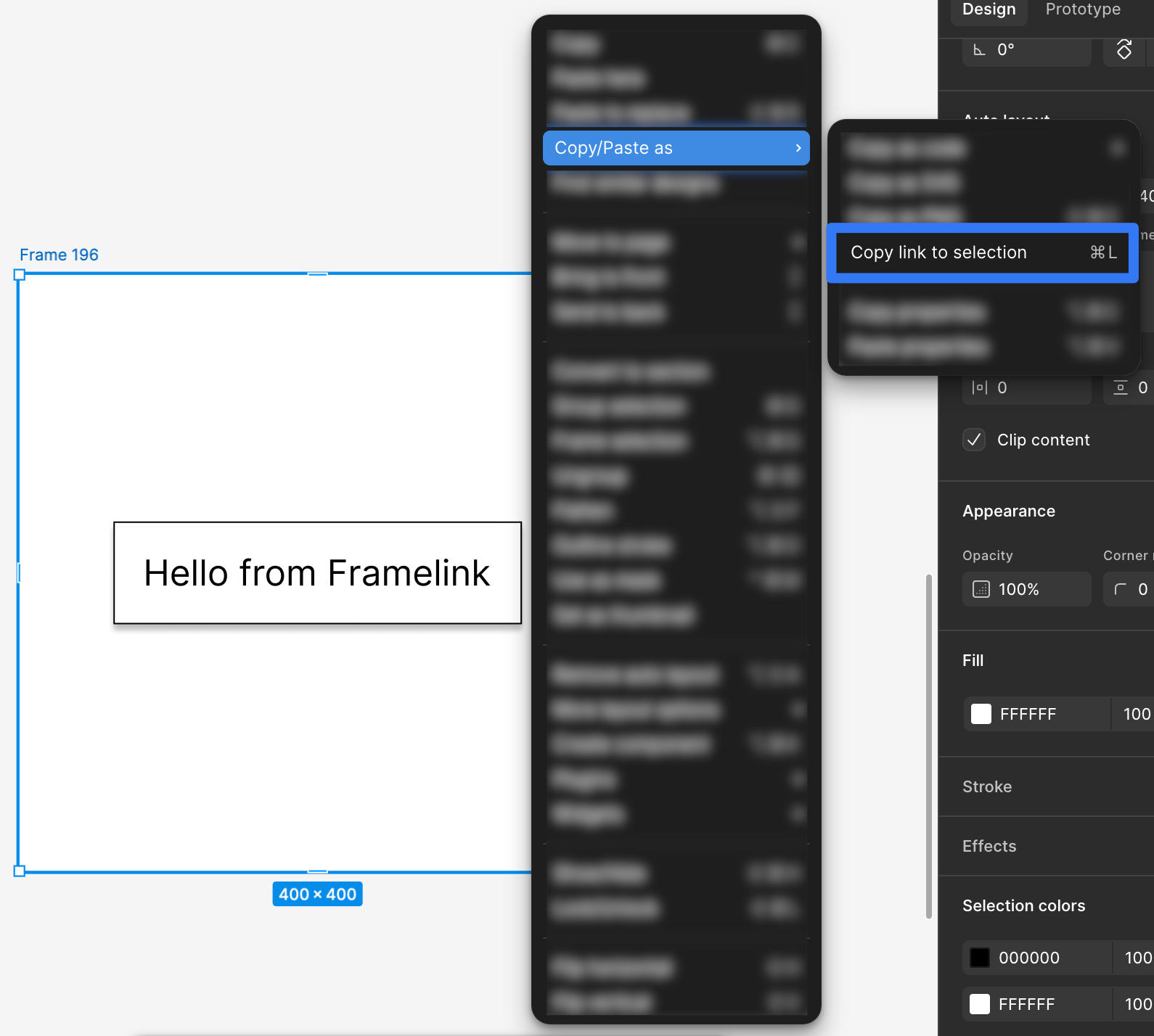 The Figma right-click menu with Copy/Paste as, then Copy link to selection