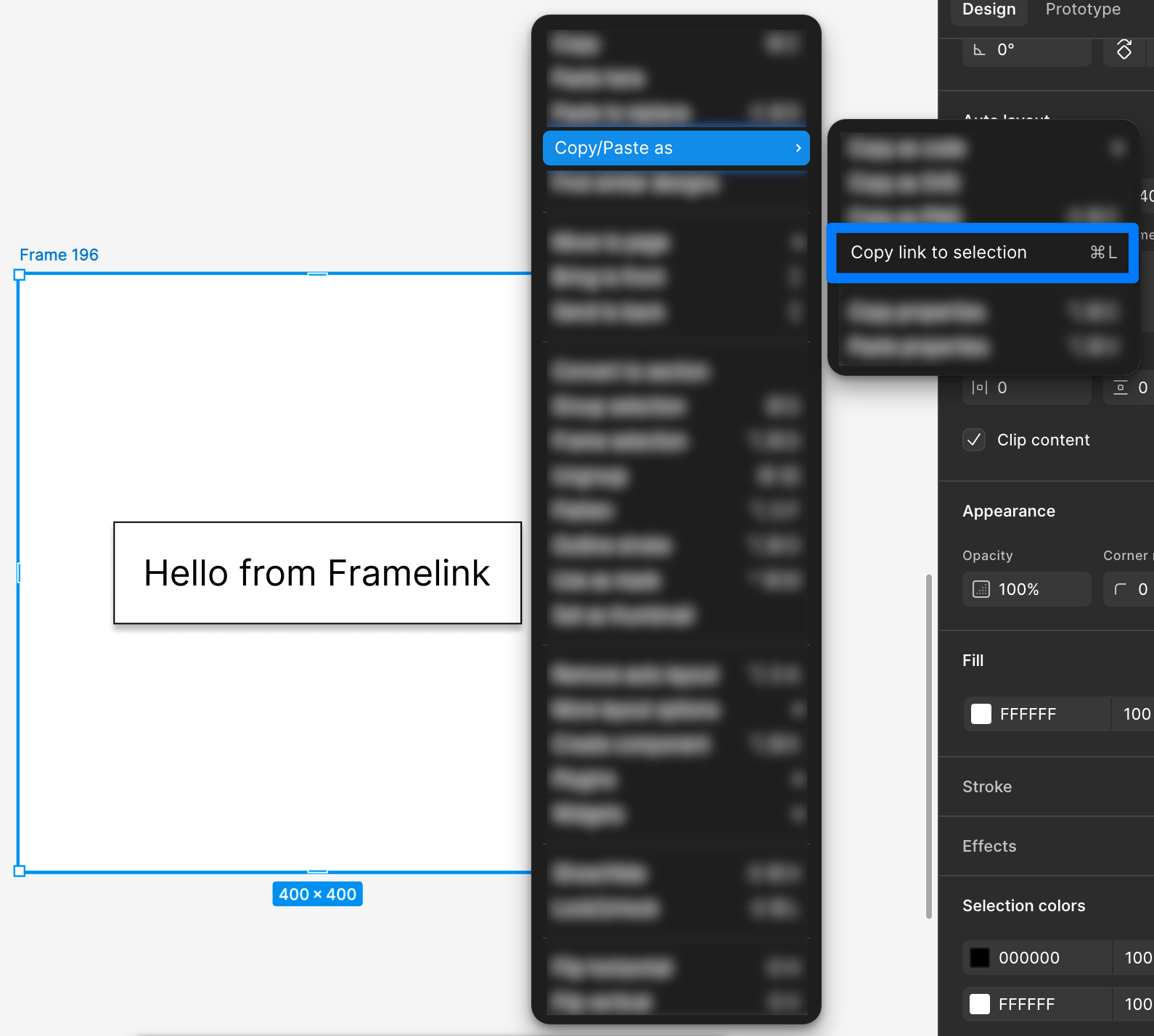 The Figma right-click menu with Copy/Paste as, then Copy link to selection