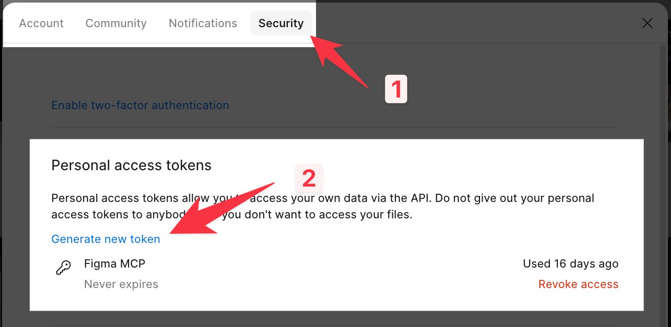 The Security tab of Figma settings, with the Generate new token link highlighted