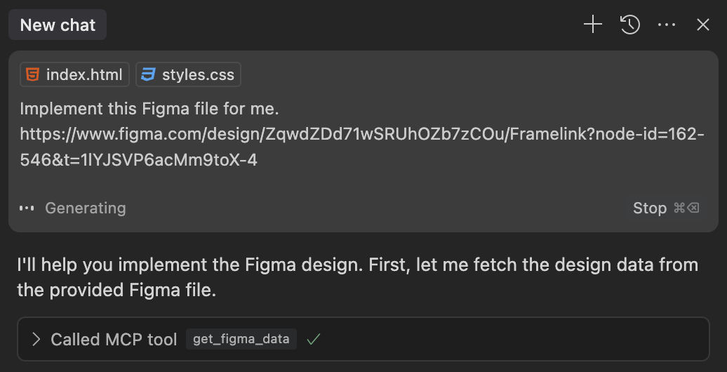 A Figma selection link pasted into an editor chat prompt