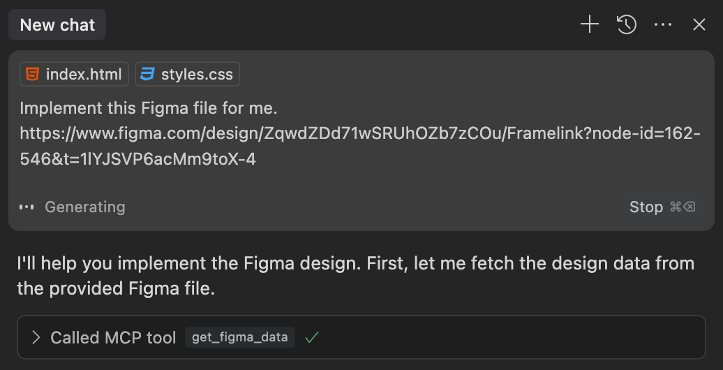 A Figma selection link pasted into an editor chat prompt