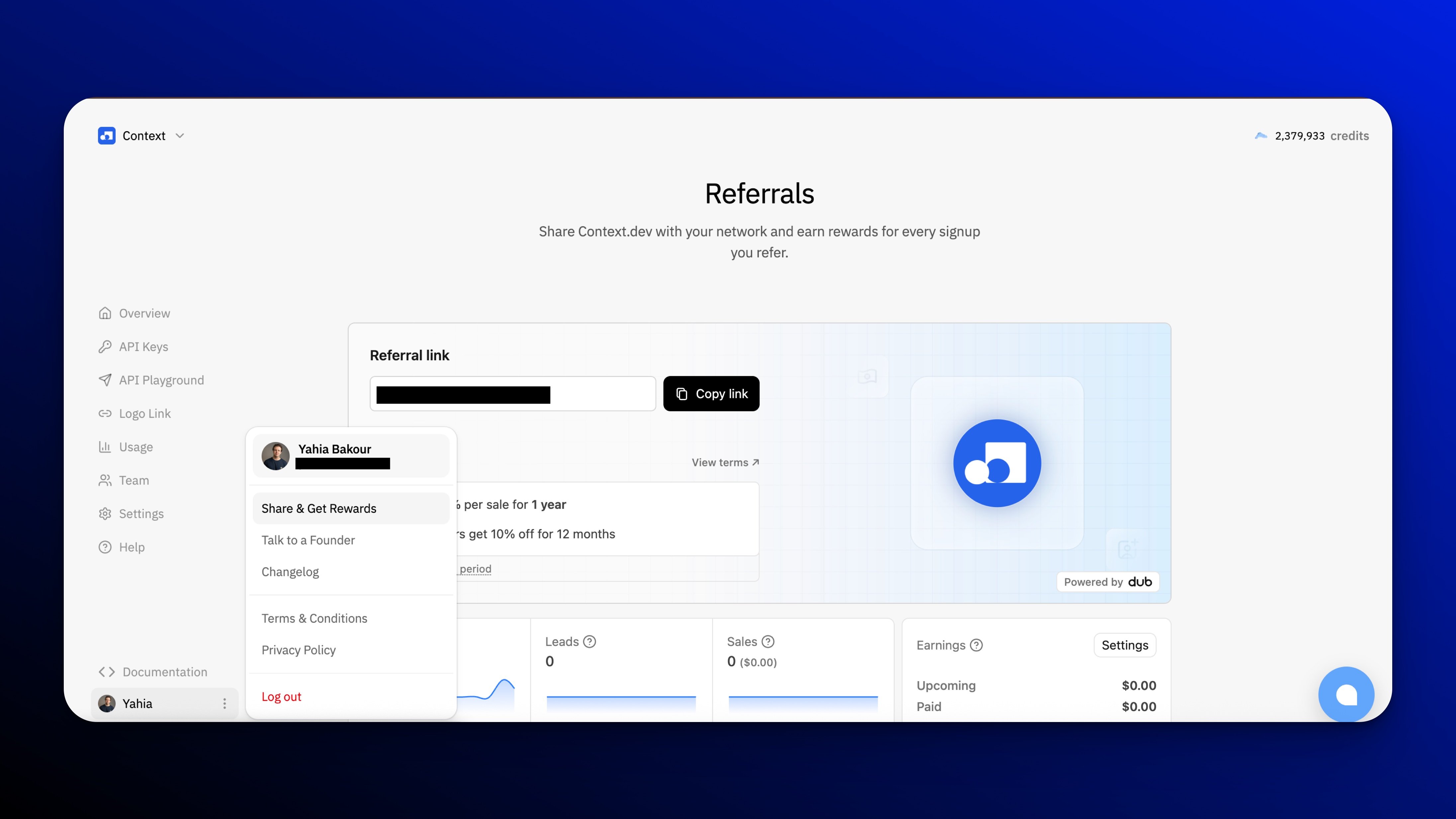 Context.dev in-app referrals page showing a referral link and rewards summary