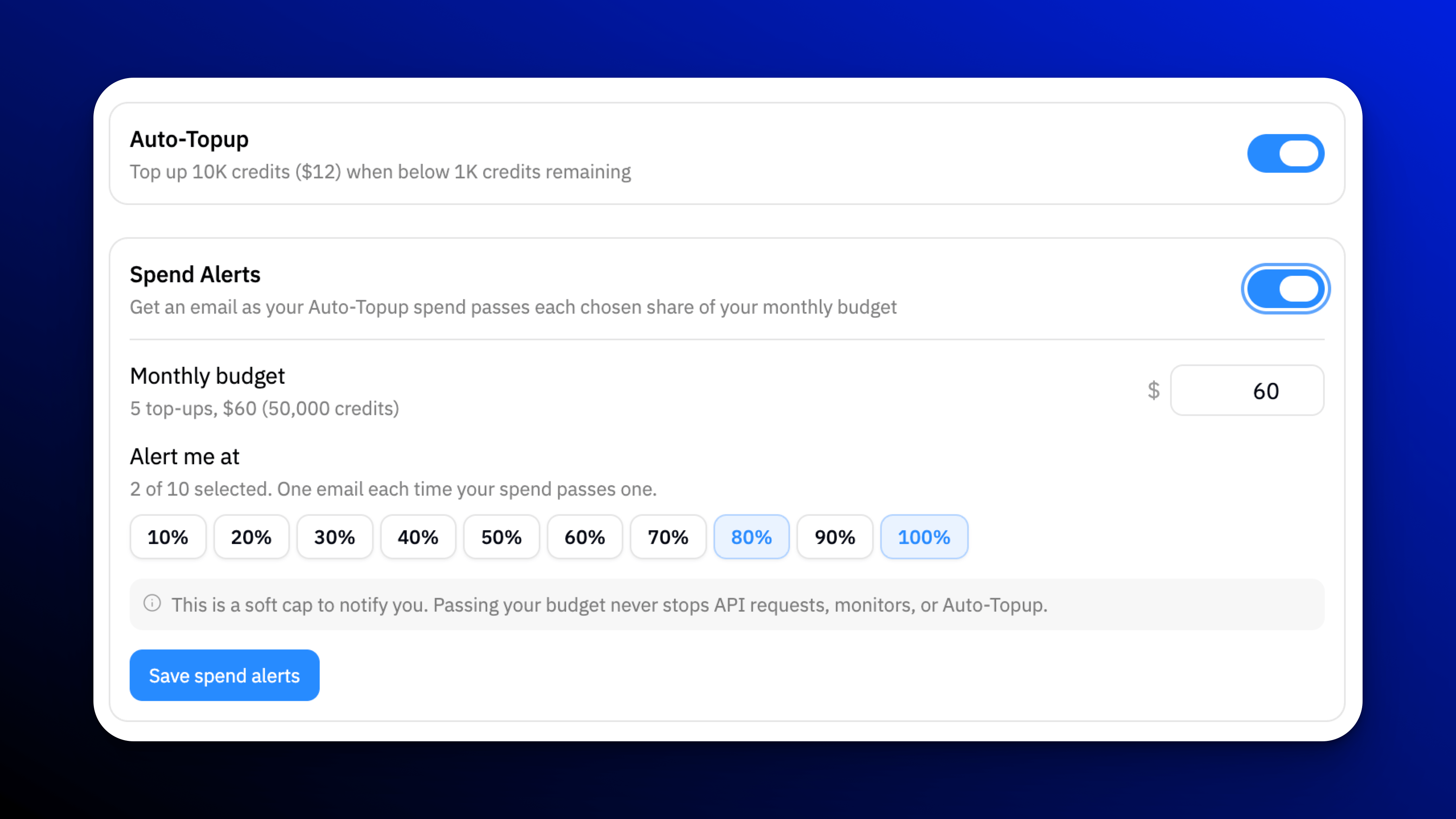 Context.dev Auto-Topup settings with spend alerts enabled at selected monthly budget thresholds