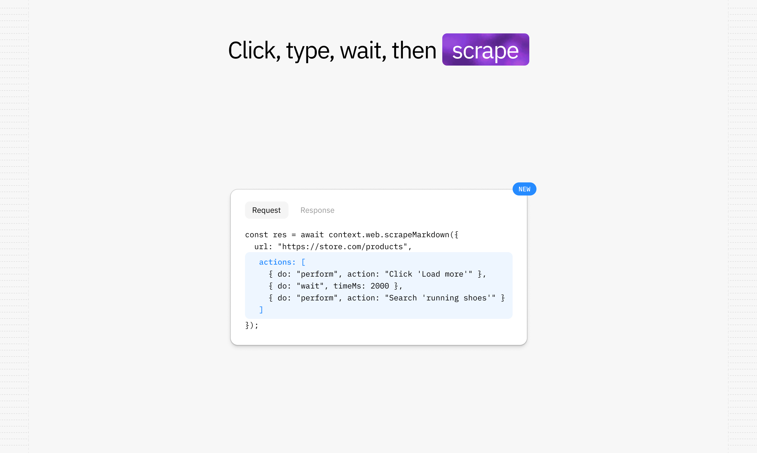 Code example showing browser actions that click, wait, and type before scraping a page