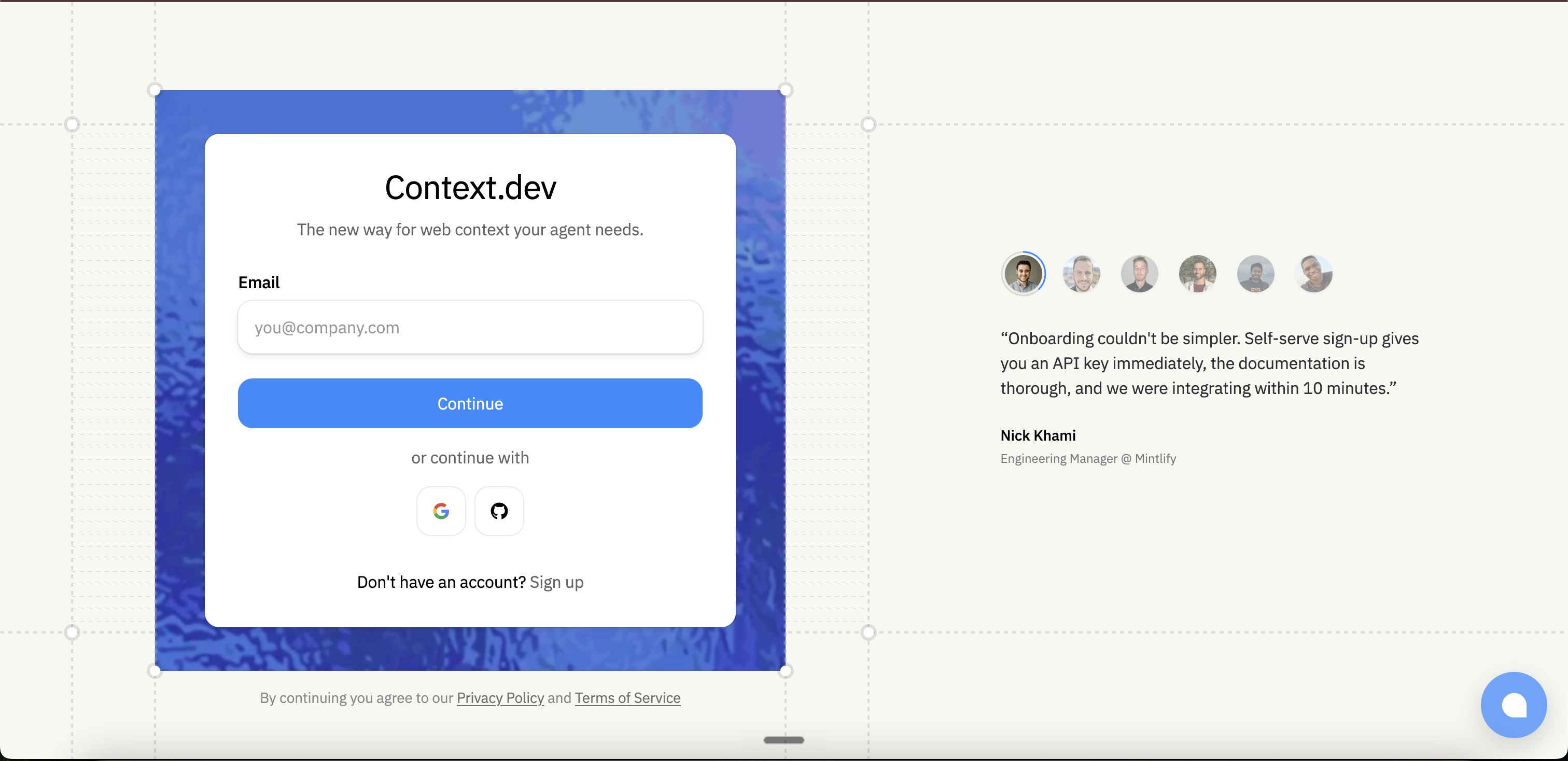 New Context.dev sign-in screen with testimonial panel