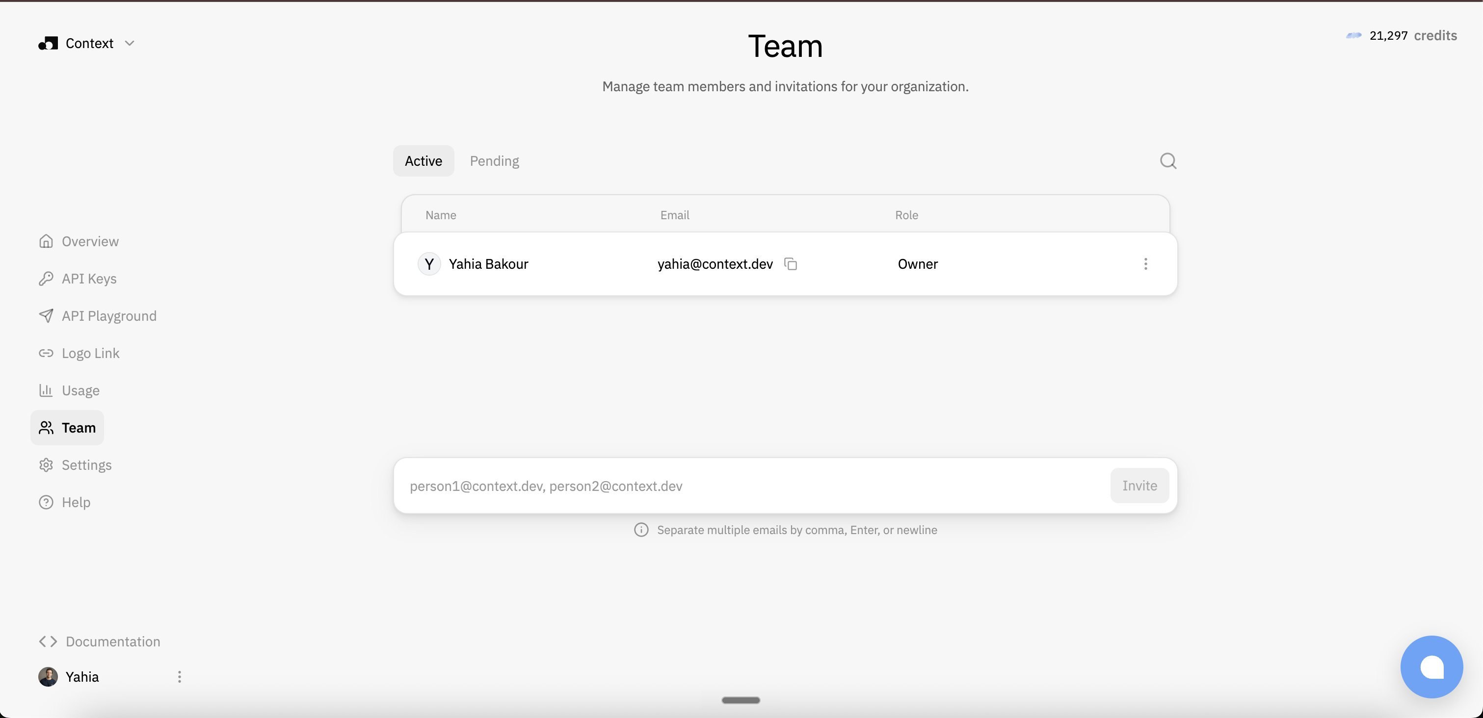 New Context.dev team management page with member list and invitation field