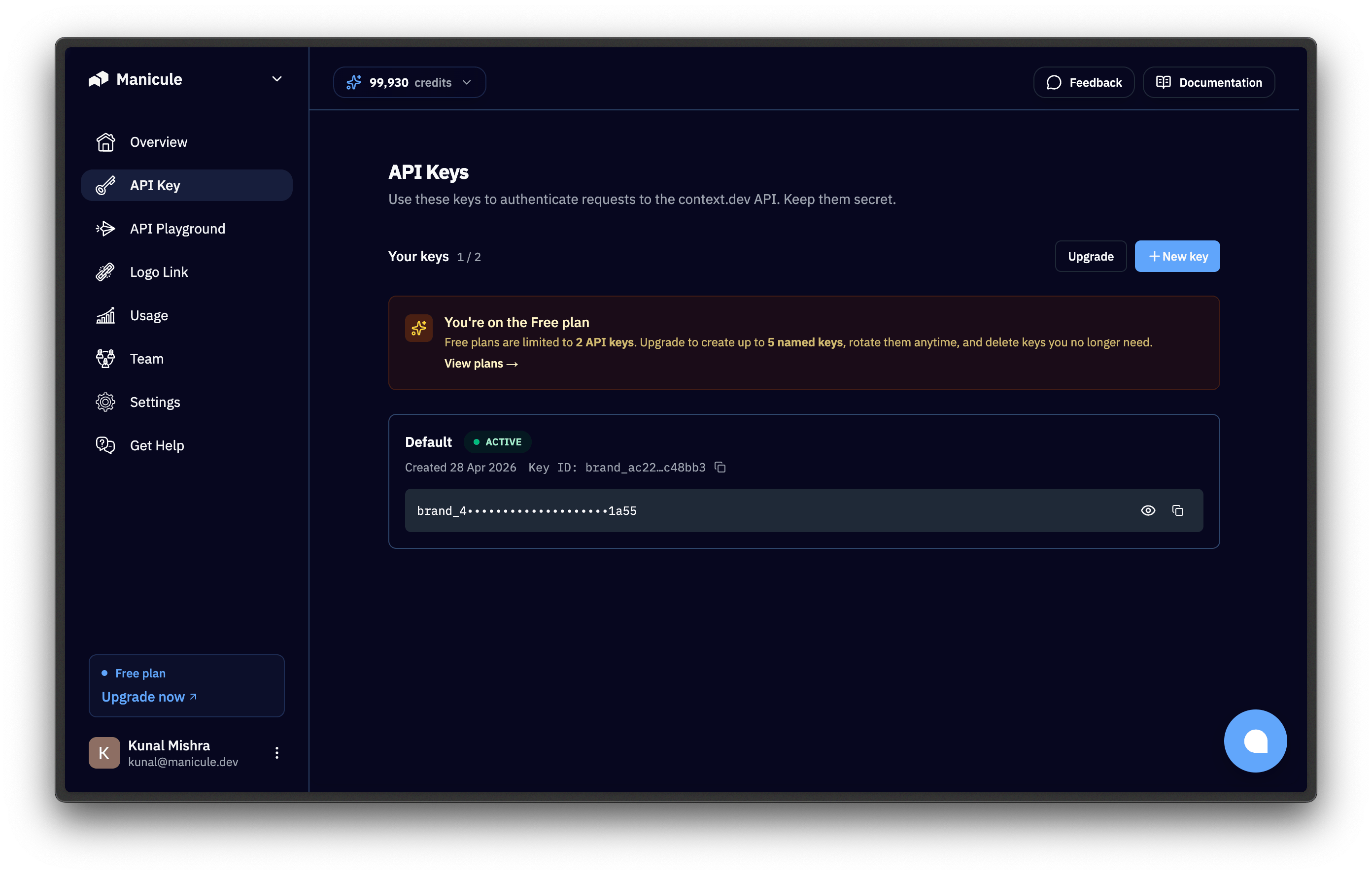 API Keys section in the Context.dev dashboard