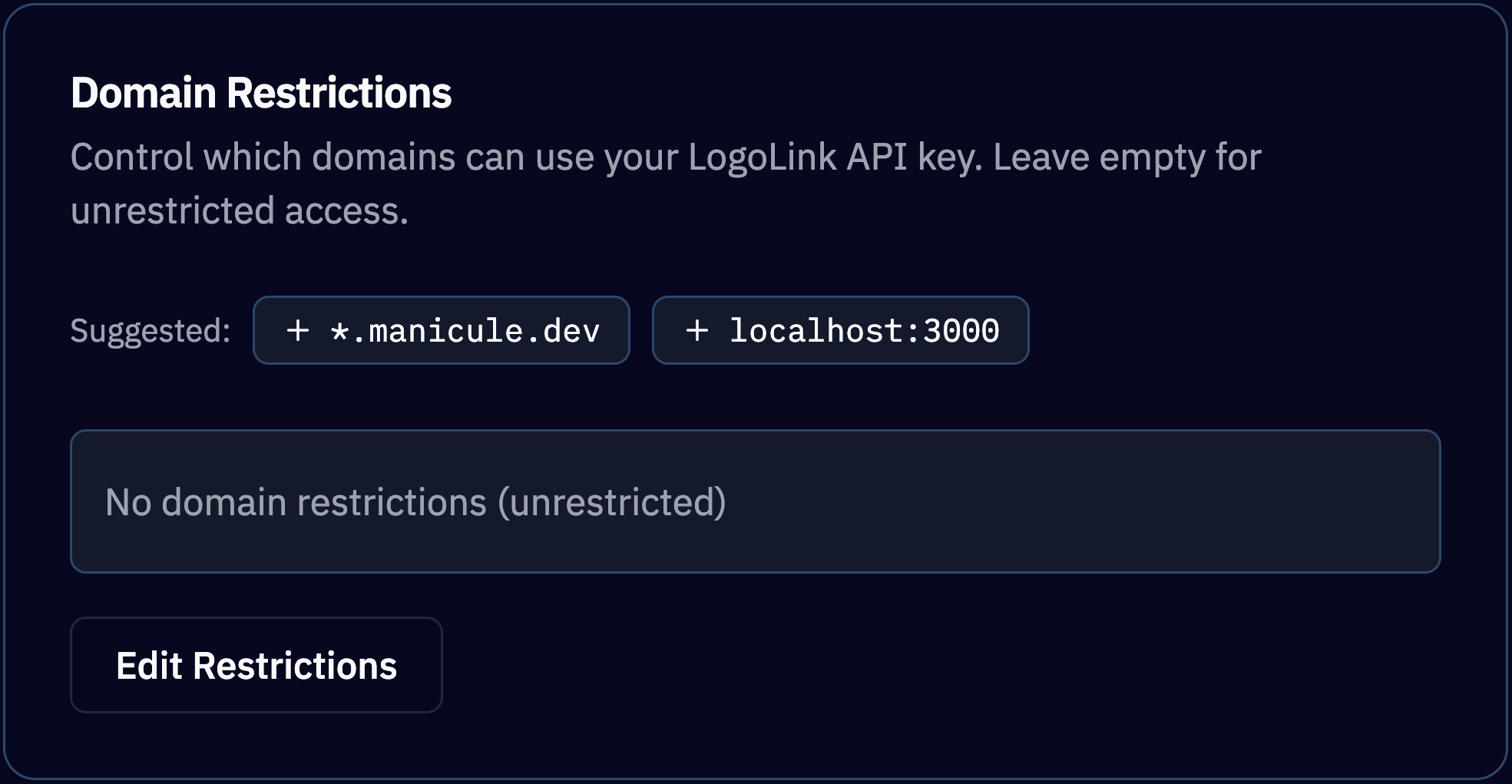 Logo Link dashboard showing Public Client ID and Domain Restrictions
