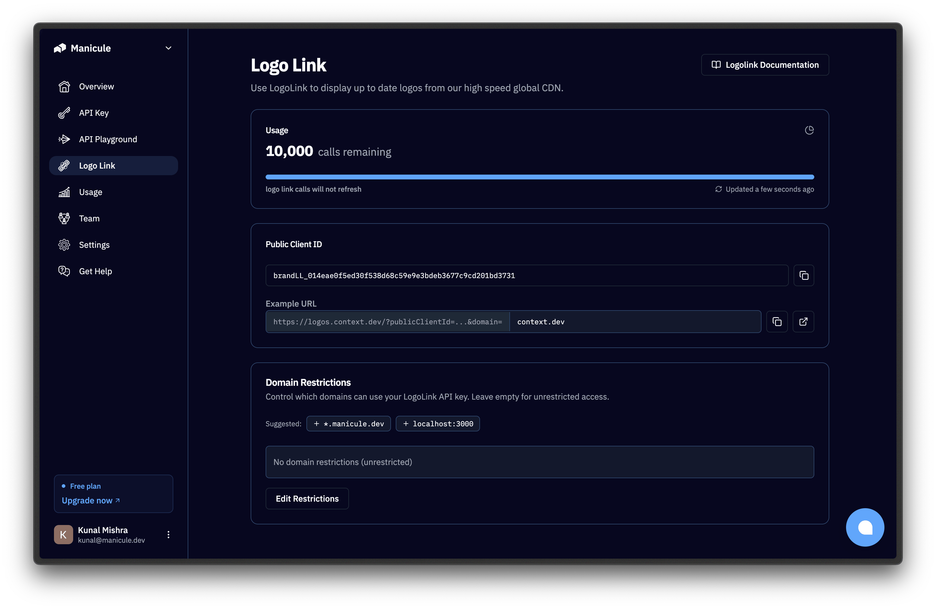 Logo Link dashboard showing Public Client ID and Domain Restrictions