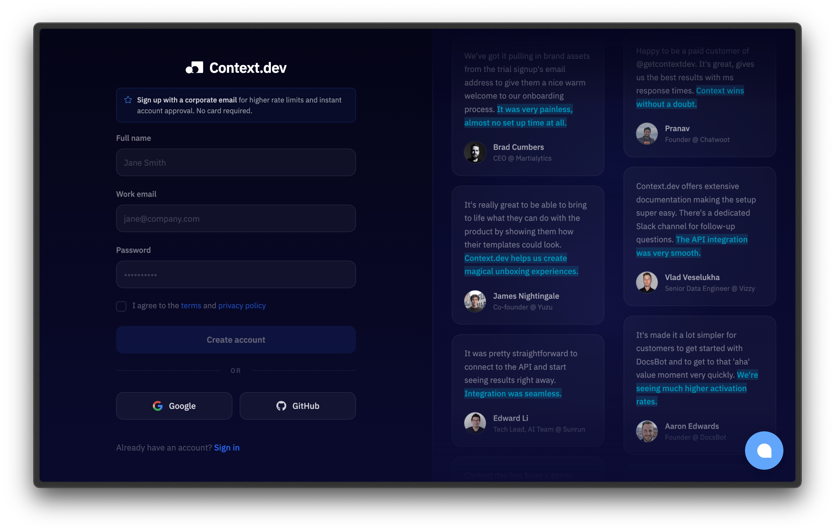 Context.dev signup page