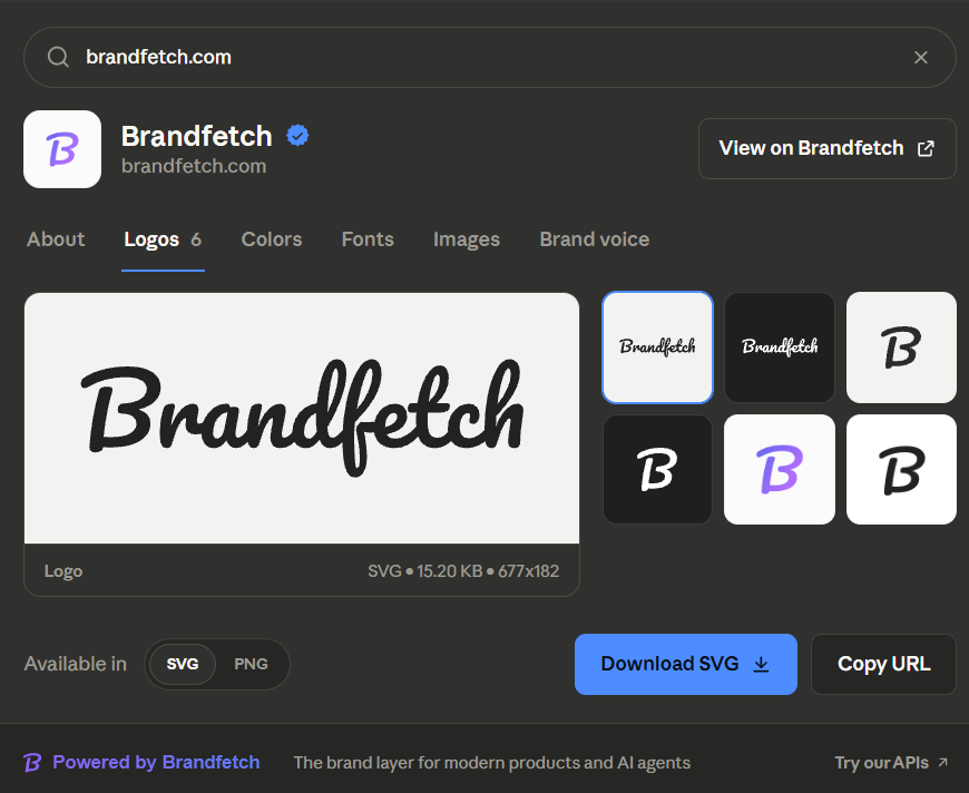 Interactive brand card in Claude showing the Logos tab: search bar, brand header, tab row, logo preview with format metadata, variant grid, and download actions