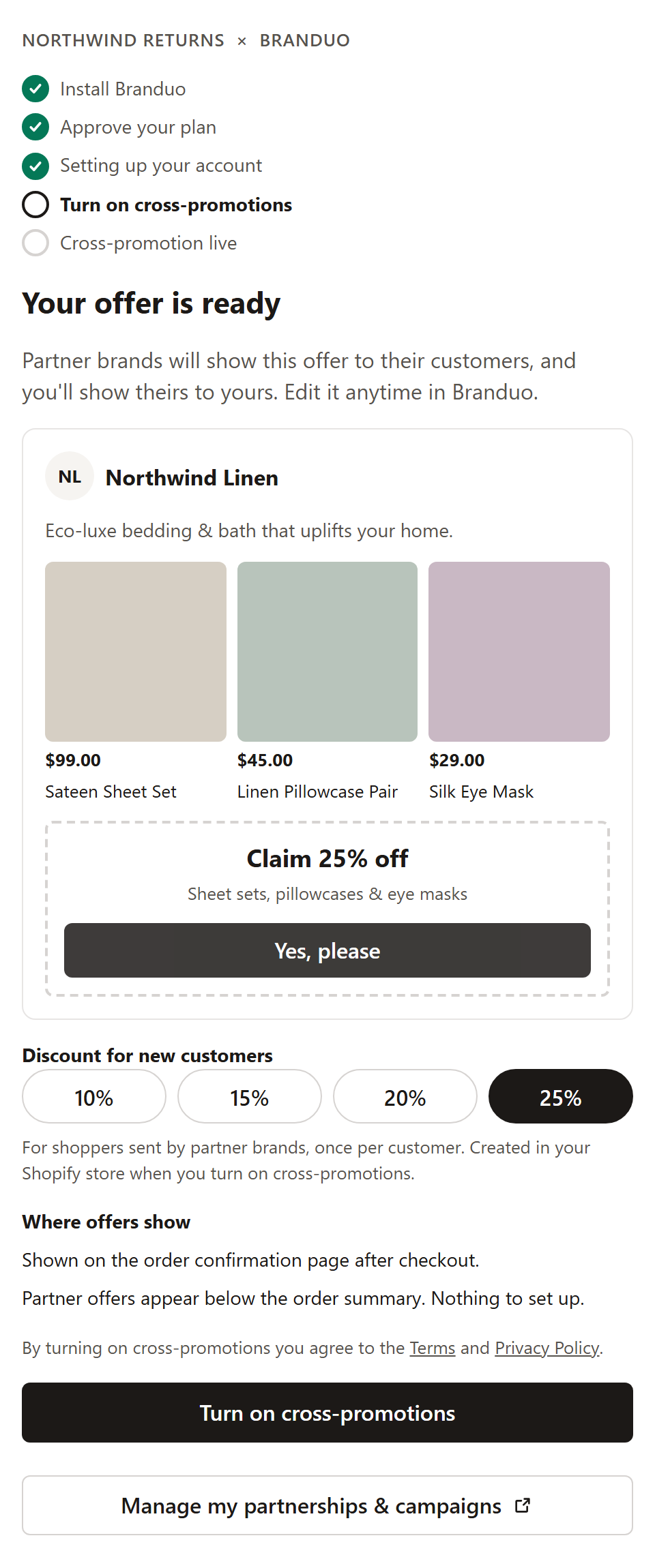 The consent stage: an offer preview card, discount choices from 10% to 25%, where offers show, and a Turn on cross-promotions button