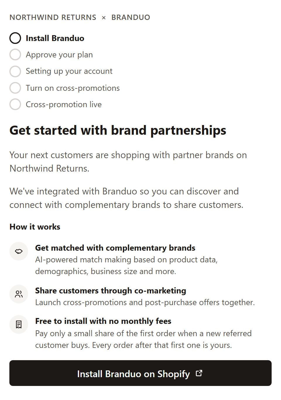 The install stage: a checklist with Install Branduo current, a short explanation, and an Install Branduo on Shopify button