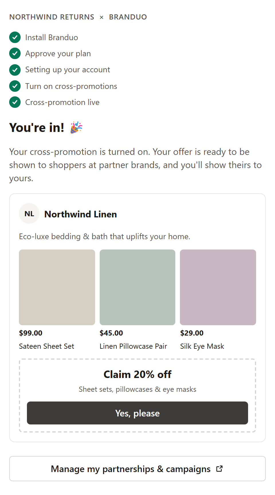 The live stage: You're in, with the merchant's live offer card