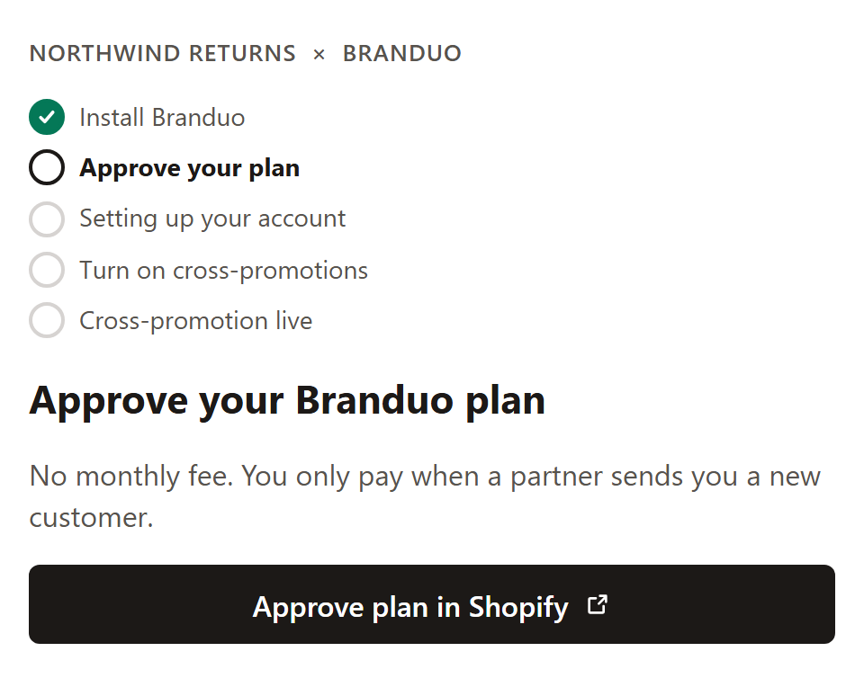 The plan stage: Install Branduo checked and an Approve your Branduo plan screen