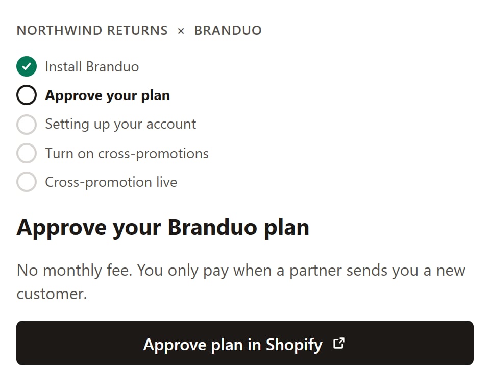 The plan stage: Install Branduo checked and an Approve your Branduo plan screen