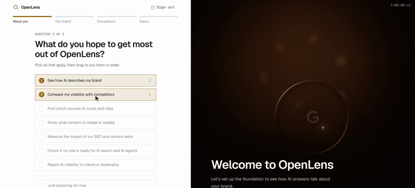 The first Welcome step, asking what you hope to get most out of OpenLens, with two goals selected and ranked 1 and 2 above the remaining options, next to a dark panel reading Welcome to OpenLens.
