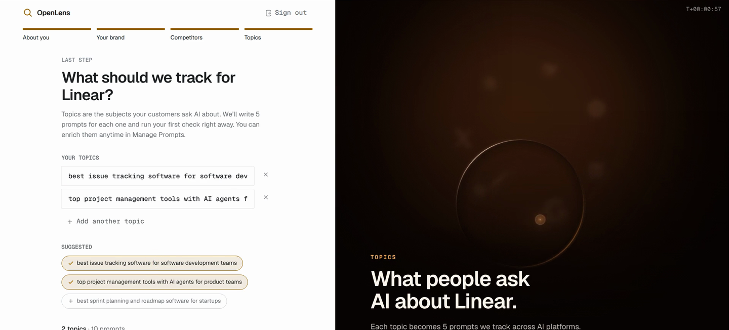 The Welcome topics step asking what should we track for Linear, with two topics entered and a list of suggested topics below, next to a dark panel reading What people ask AI about Linear.