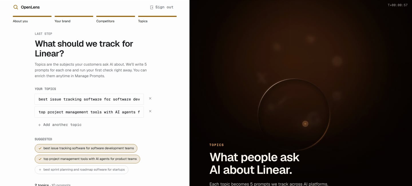 The Welcome topics step asking what should we track for Linear, with two topics entered and a list of suggested topics below, next to a dark panel reading What people ask AI about Linear.