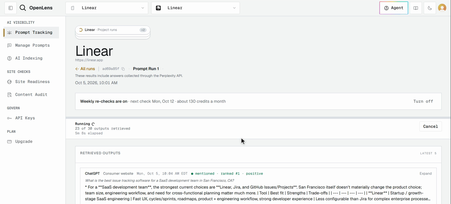 The Linear project's Prompt Tracking page during its first prompt run, with a banner saying weekly re-checks are on and a Turn off button, a running progress bar with a Cancel button, and AI answers appearing in the retrieved outputs list.