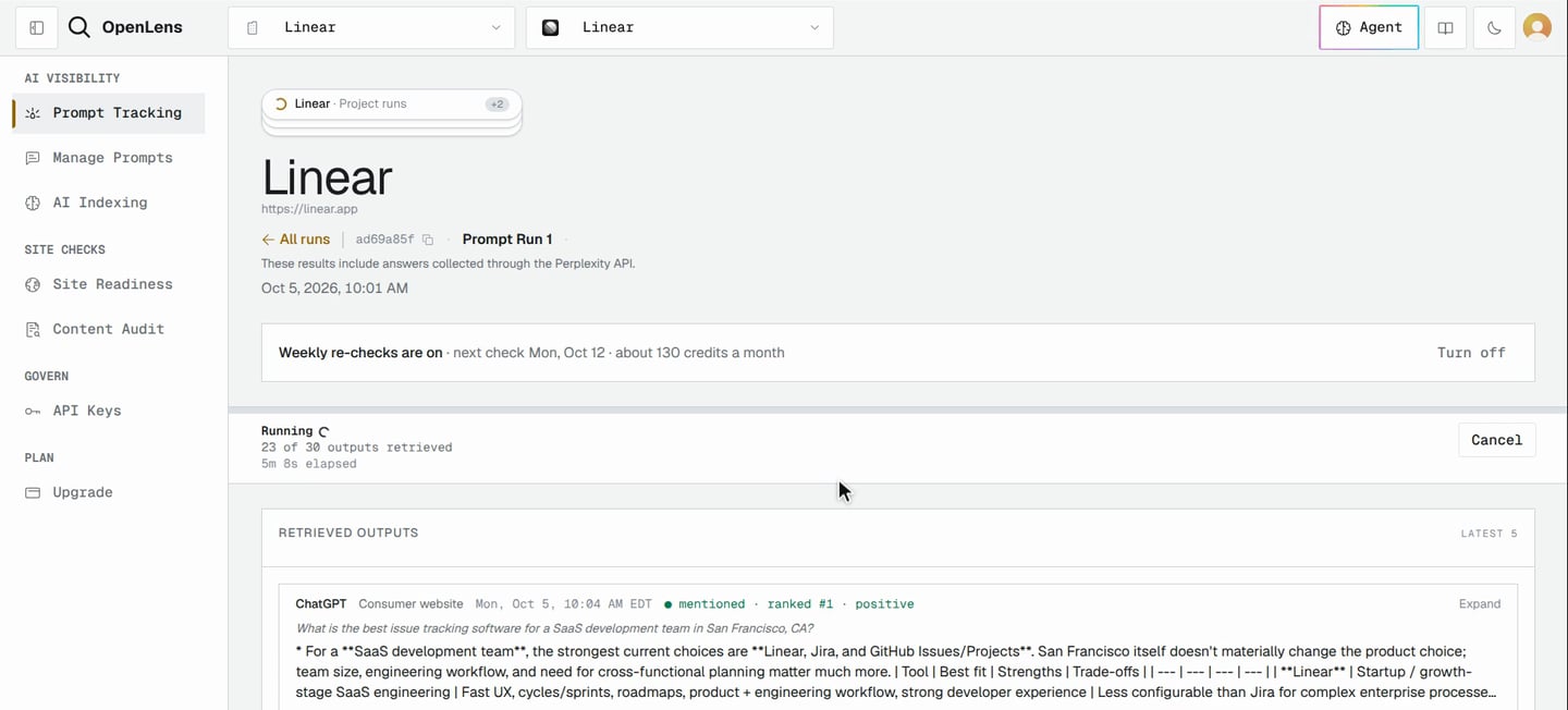 The Linear project's Prompt Tracking page during its first prompt run, with a banner saying weekly re-checks are on and a Turn off button, a running progress bar with a Cancel button, and AI answers appearing in the retrieved outputs list.