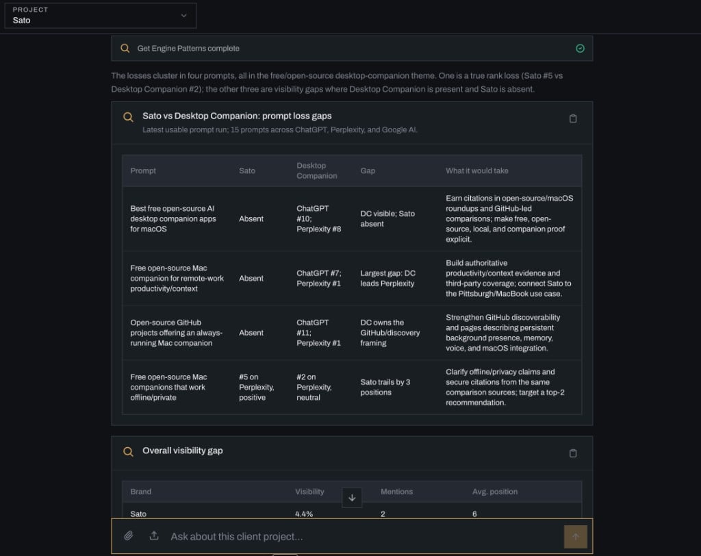 In-app agent response showing a table of prompt loss gaps between the project brand and its top competitor across ChatGPT, Perplexity, and Google AI, with columns for prompt, each brand's result, gap, and what it would take to close it, plus a smaller overall visibility gap summary table.