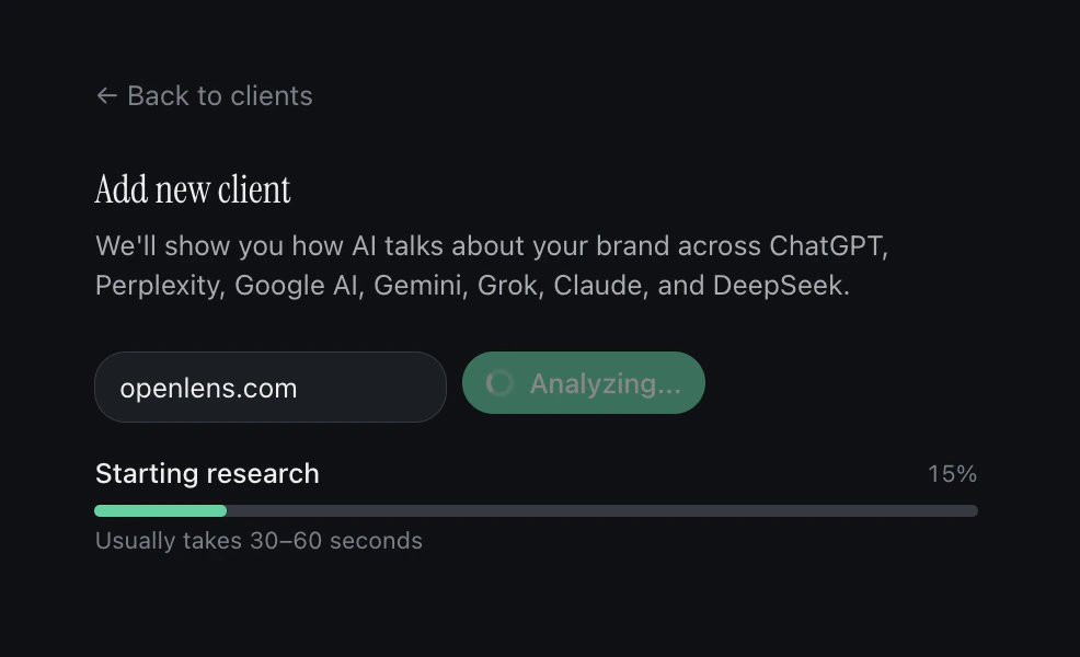 OpenLens onboarding screen with a single input field asking for the client's website URL and an Analyze button to kick off the site read.