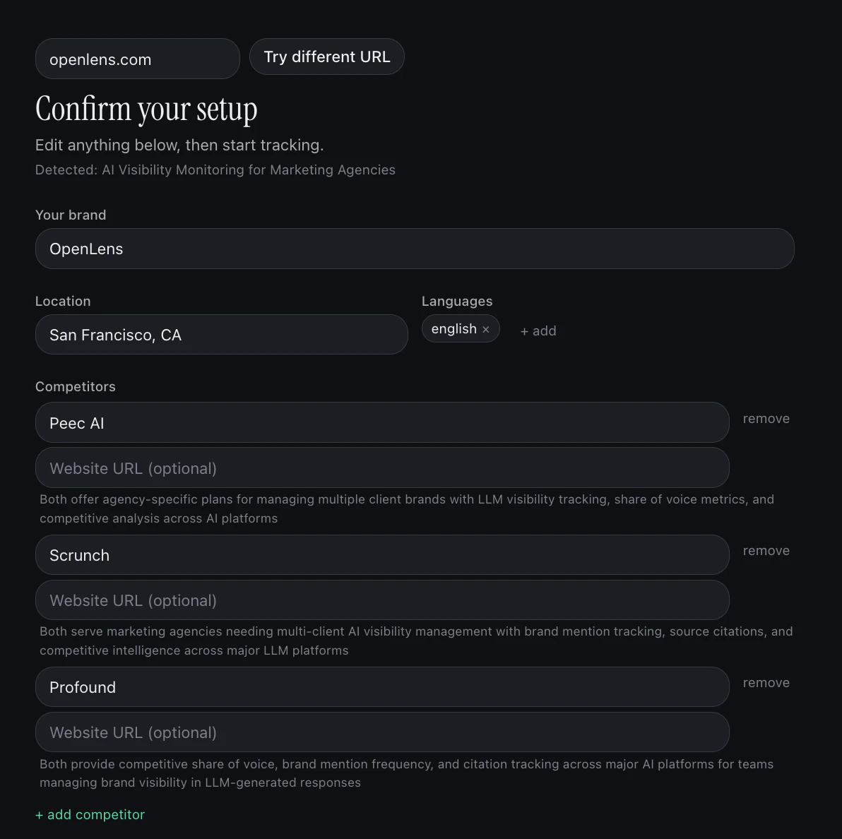 OpenLens onboarding analysis result showing the detected brand name, the brand's product summary, an editable list of proposed competitors, and the market location and language fields filled in from the site.