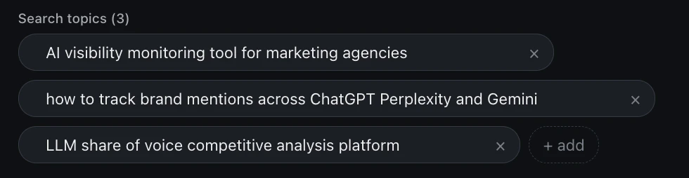OpenLens onboarding suggested-topics step displaying a list of buyer-intent topic phrases generated from the website analysis, each with controls to remove or edit and a field for adding a new topic.