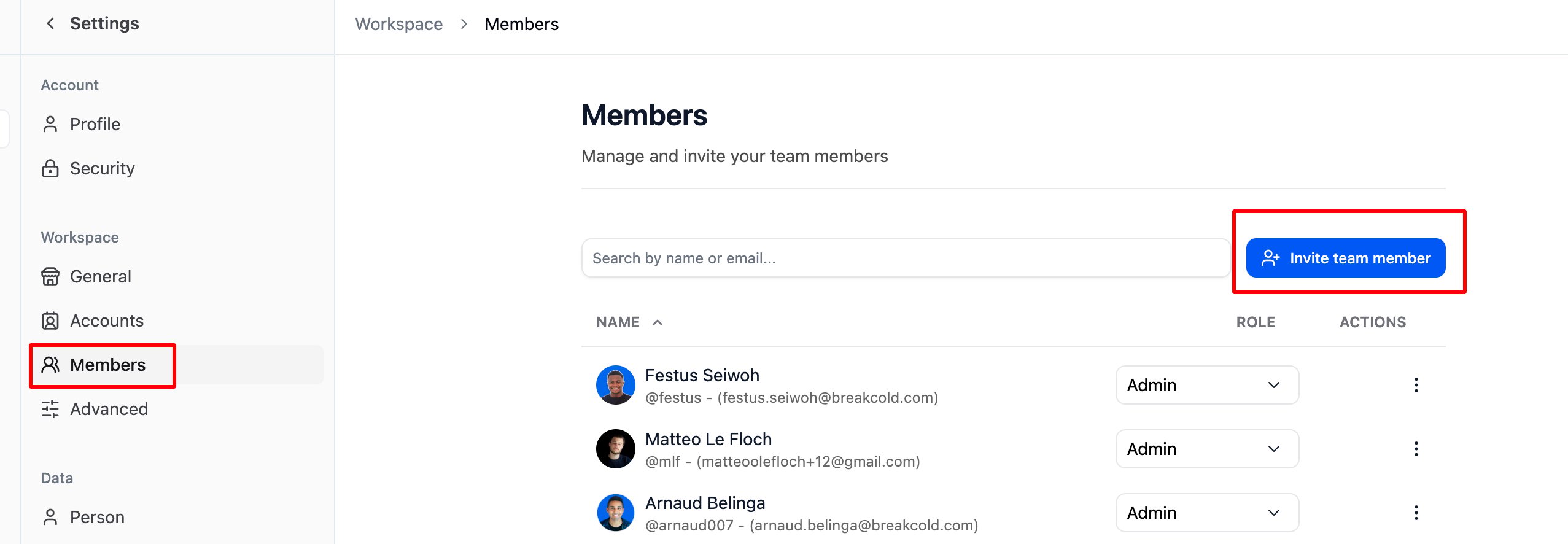 Where can I invite a team member? screenshot 2