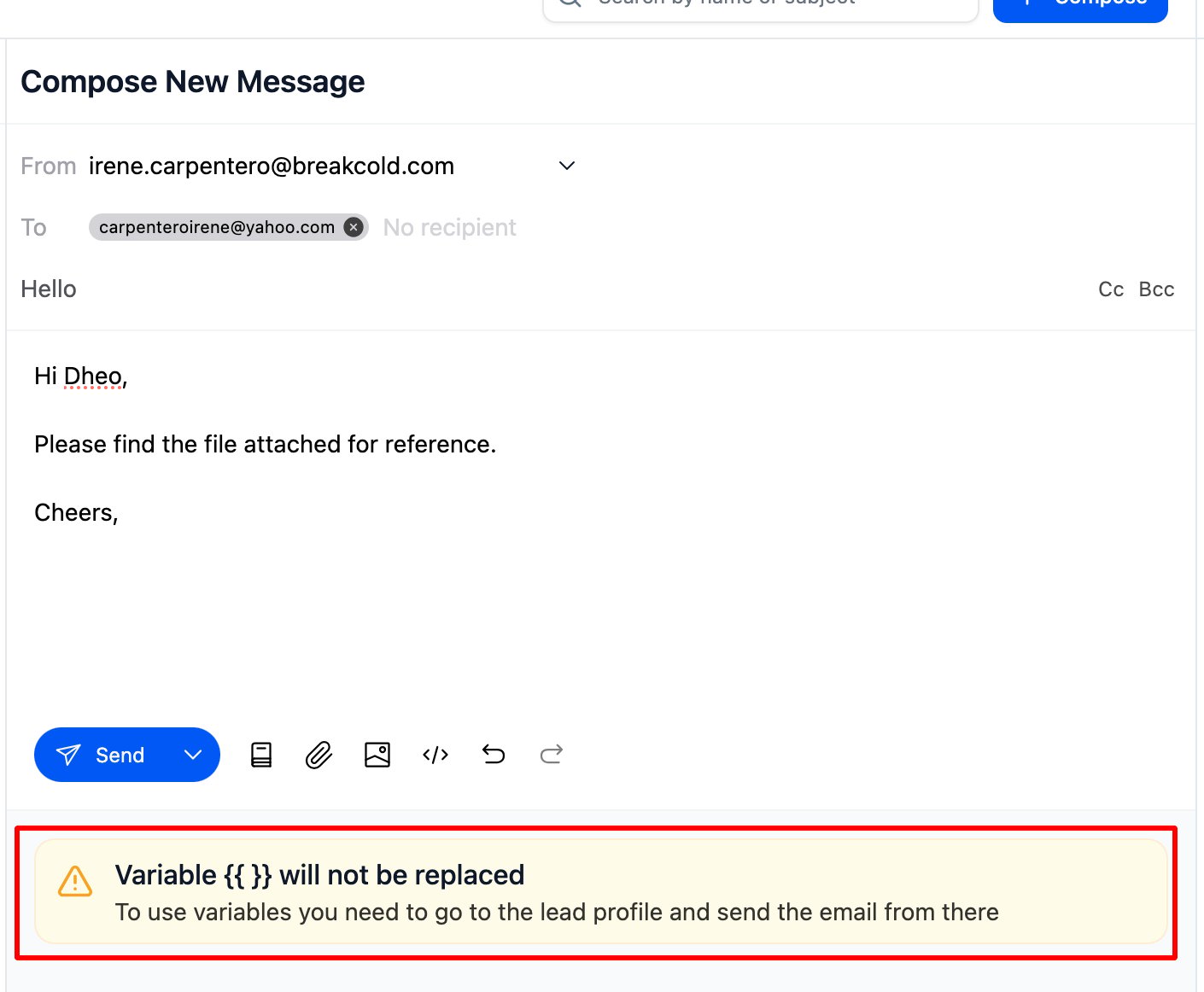 Can I use variables when composing an email from the general inbox? screenshot 1