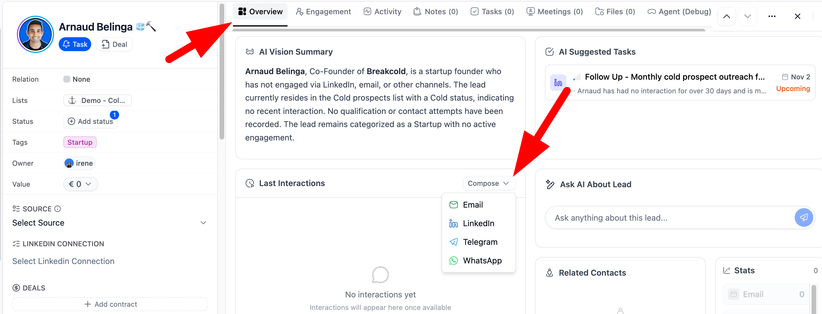 How can I send my email, WhatsApp, LinkedIn, and Telegram messages from the lead view? screenshot 1
