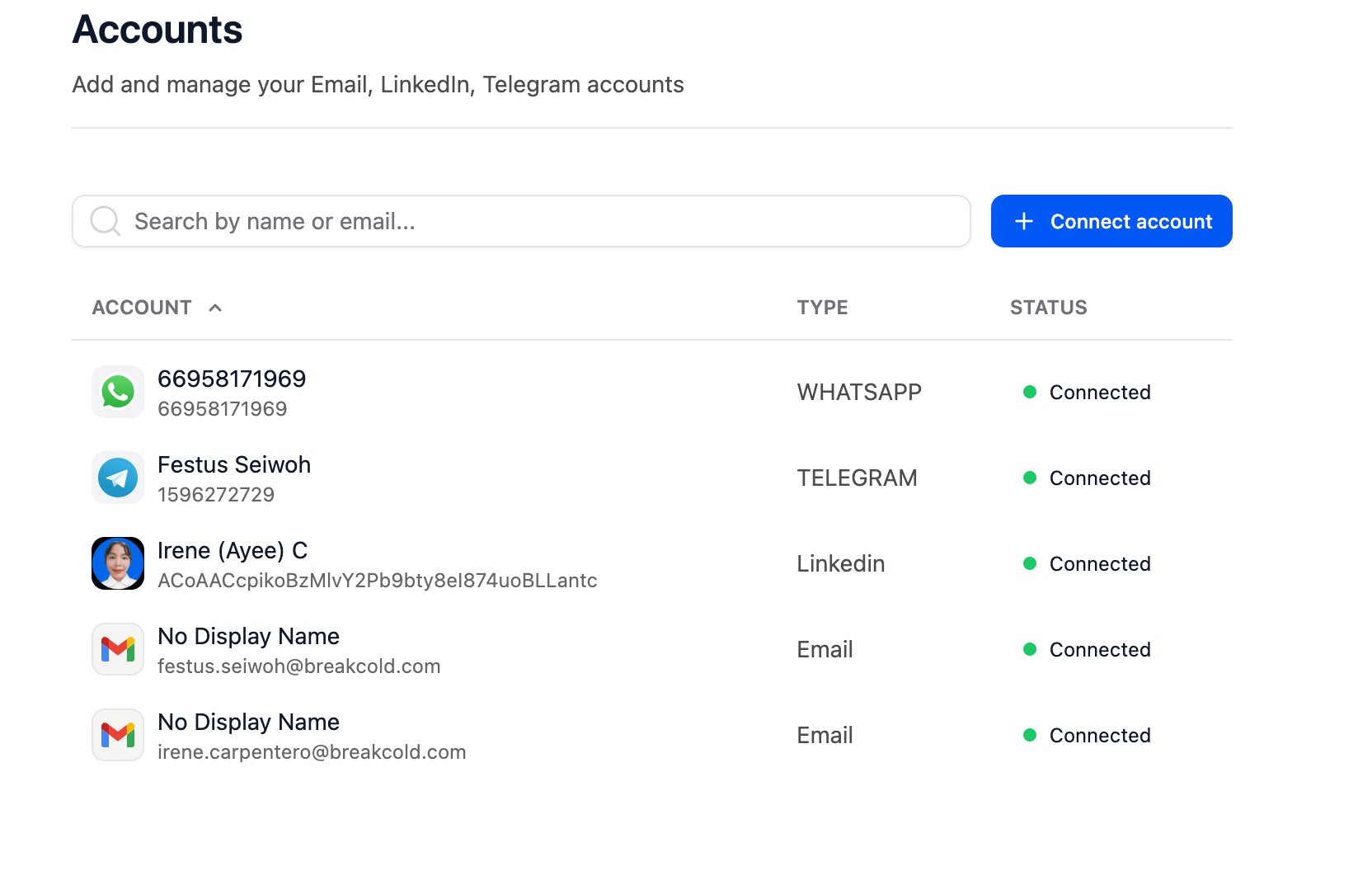 Where can I manage my email, LinkedIn, WhatsApp, and Telegram accounts? screenshot 1