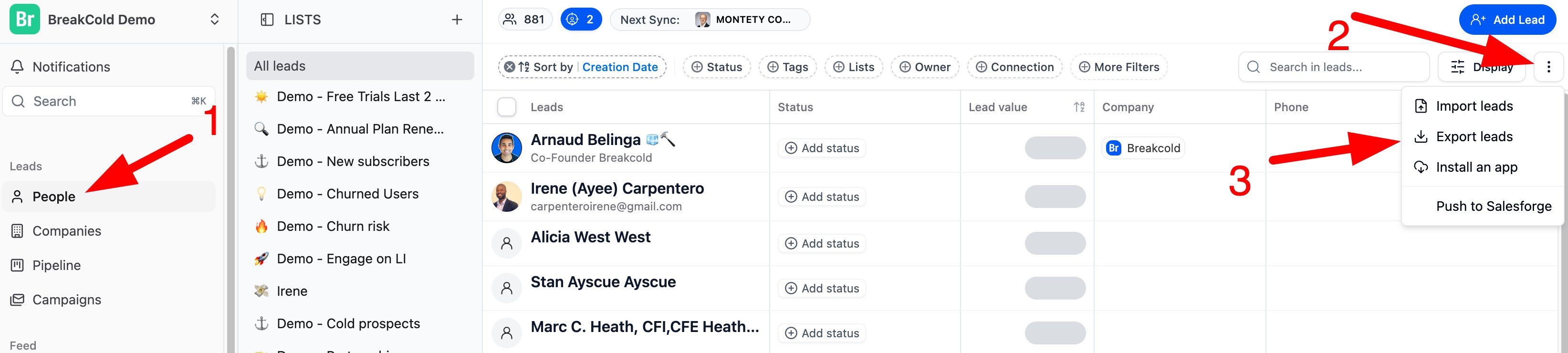 How do I export leads from the People section in Breakcold? screenshot 1