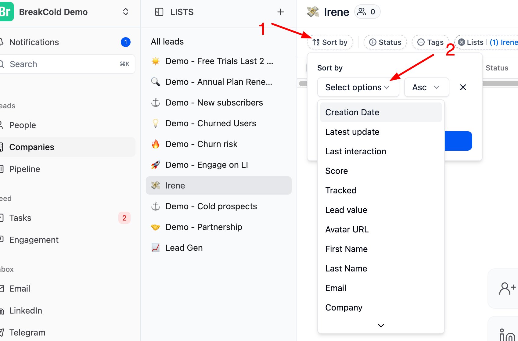 How do I sort leads or companies by latest update or creation date? screenshot 1