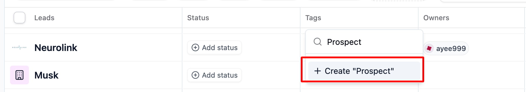 Is it possible to create tags from the list view? screenshot 1